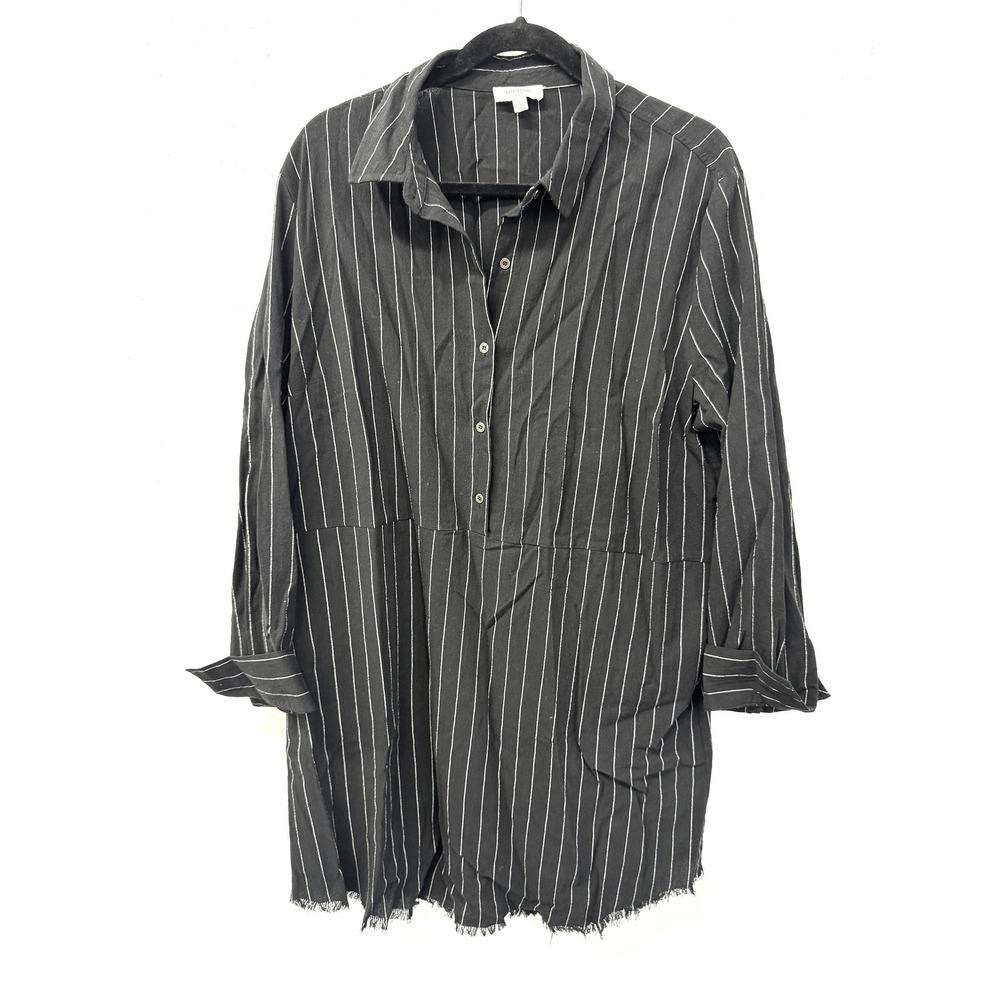 Umgee Pinstripe Shirt Dress Black White Raw Frayed Hem Roll-Tab Sleeve Sz L